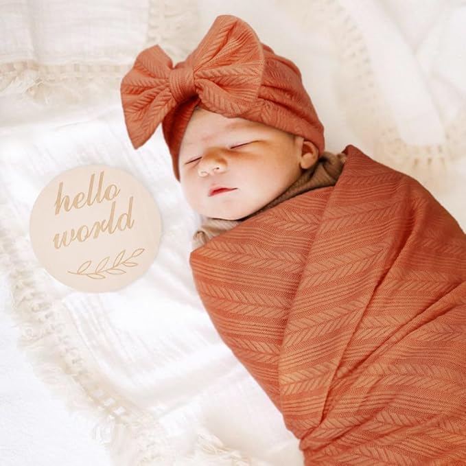 DRESHOW BQUBO Baby Swaddle Blankets for Girls, 4PCS Newborn Accessories Set with Matching Hat and Bow Headband with Hello World Wooden Birth Announcement Card