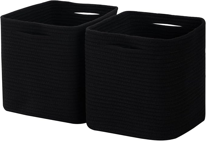 Cube Storage Bin 11" x 10.5" x 10.5" Cotton Rope Basket Square Woven Storage Basket for Shelves, Closet Organizer, Soft Towel Sock Basket, Black, 2 Pack