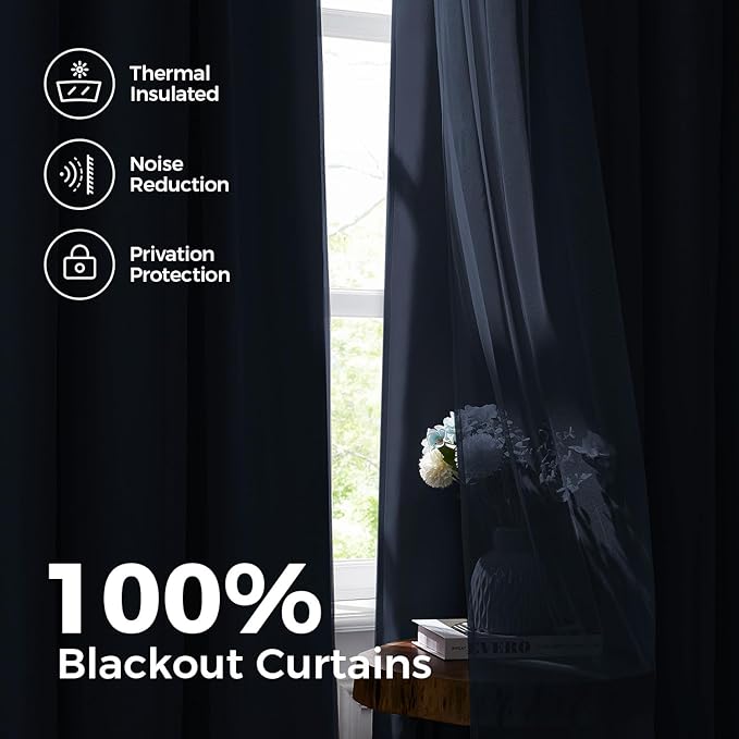 100% Blackout Curtains for Bedroom, Double Layer Navy Blue Curtains, Black Out Curtain 63 inch long With Sheer Overlay for Living Room, Room Darkening Window Drapes with Grommet, 52"W x 63"L