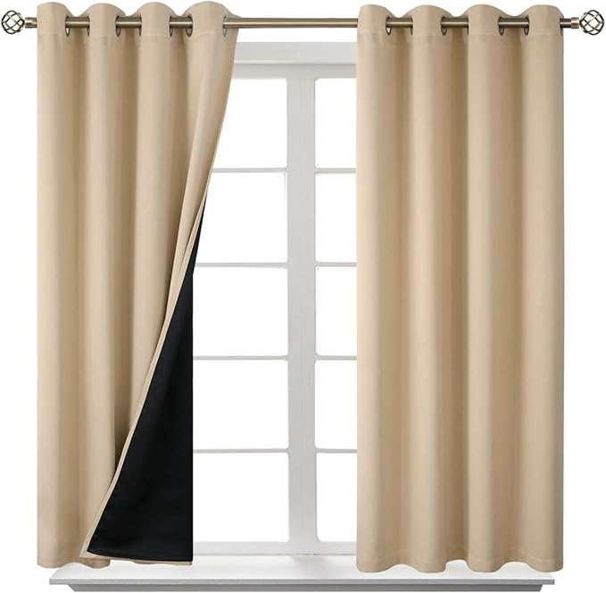 BGment Short 100% Blackout Curtains for Bedroom, Thermal Insulated Energy Efficiency Noise Reducing Grommet Curtains 54 Inch Length with Liner for Small Window 2 Panels Each 52 Inch Wide, Beige