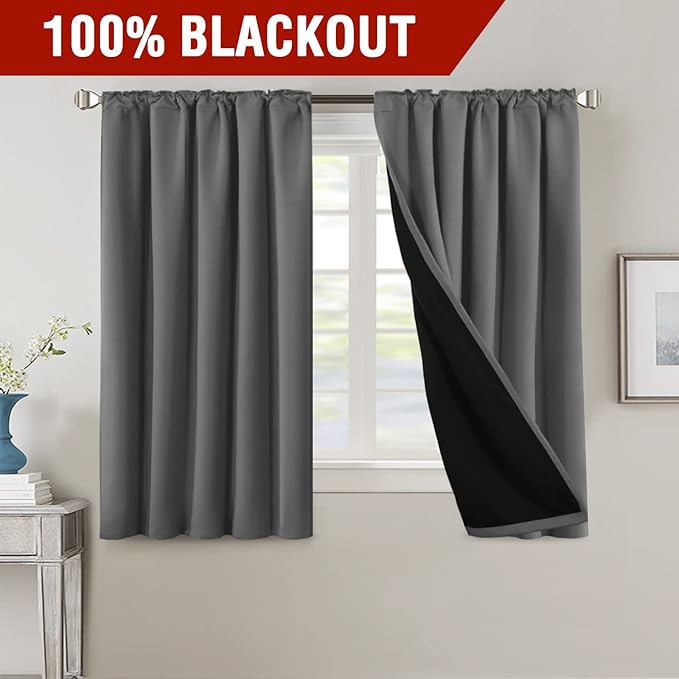 H.VERSAILTEX 100% Blackout Curtains for Bedroom with Black Liner Full Room Darkening Curtains 54 Inches Long Thermal Insulated Back Tab/Rod Pocket Window Drapes for Living Room, 2 Panels, Grey