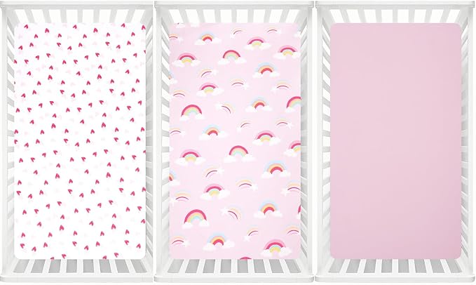 david's kids 3 Pack Fitted Crib Sheets, Ultra Soft Breathable Comfortable Baby Sheet Set for Girls Neutral, 28x52 Inch Fits Standard Crib and Toddler Mattresses, Rainbow