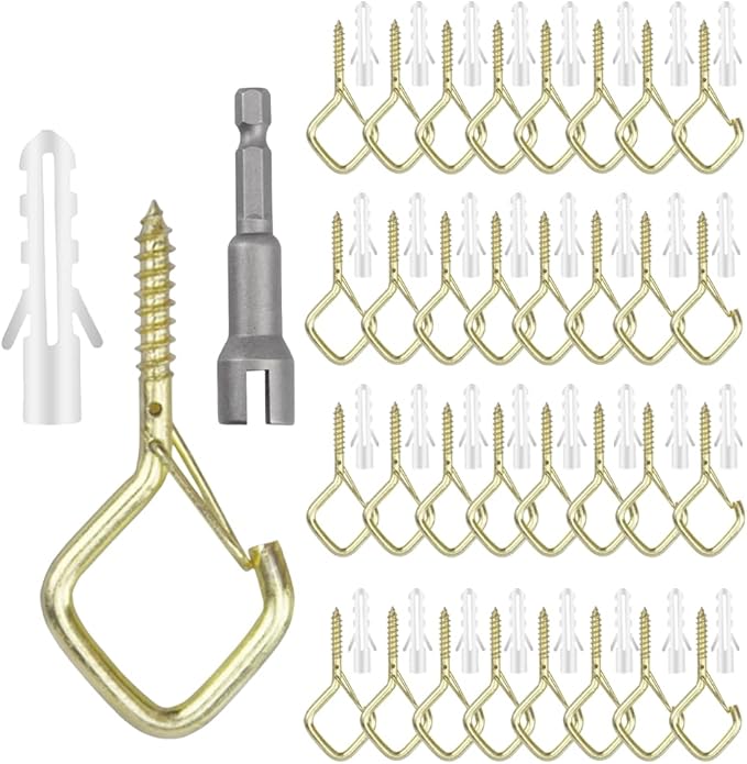 52-Pack Heavy-Duty Golden Screw Eye Hooks with Safety Clips | Metal Ceiling Hooks for Hanging Plants, Wind Chimes, Bird Feeders & Indoor/Outdoor Lights