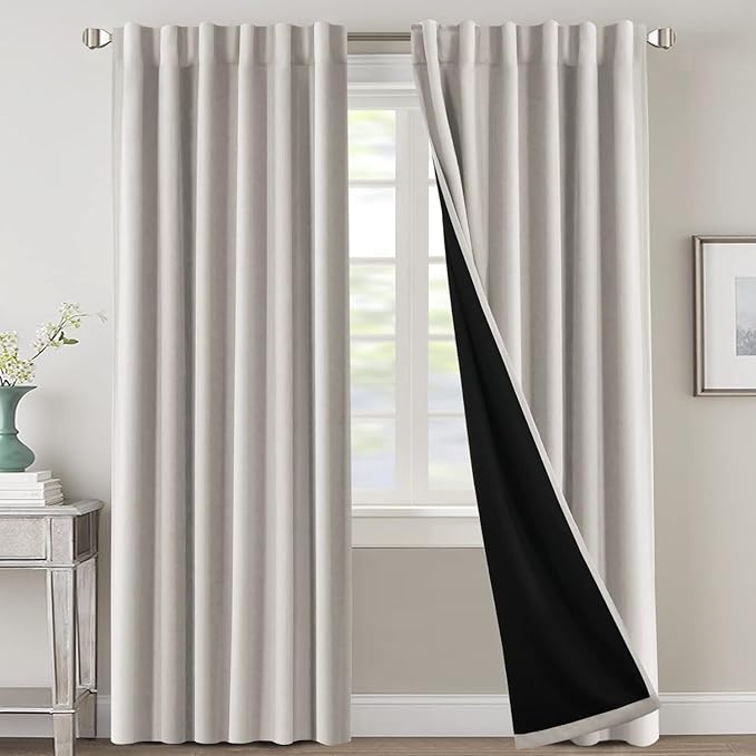 H.VERSAILTEX 100% Blackout Curtains for Bedroom with Black Liner Full Room Darkening Curtains 96 Inch Long Thermal Insulated Back Tab/Rod Pocket Window Drapes for Living Room, 2 Panels, Pumice Stone
