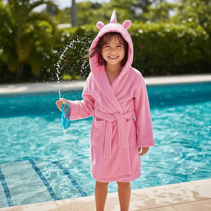BAGNO MILANO Kids Organic Turkish Cotton Hooded Beach Cover-Up Towel, GOTS Certified, for Boys and Girls (Pink Unicorn, 7-8 Years)
