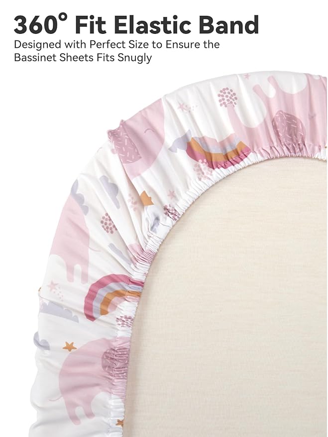 TILLYOU Baby Bassinet Sheets for Girls Boys, Fit for Hourglass Oval Rectangle Bassinet Mattress Sheets, 33”X16”, 3 Pack Rainbow Elephant