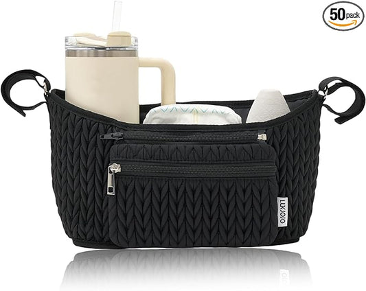 Stroller Organizer - Stylish Quilting Nylon, Universal Fit, Detachable Bag, Adjustable Multi-Storage for Baby Stroller and Pet Stroller（Black-A
