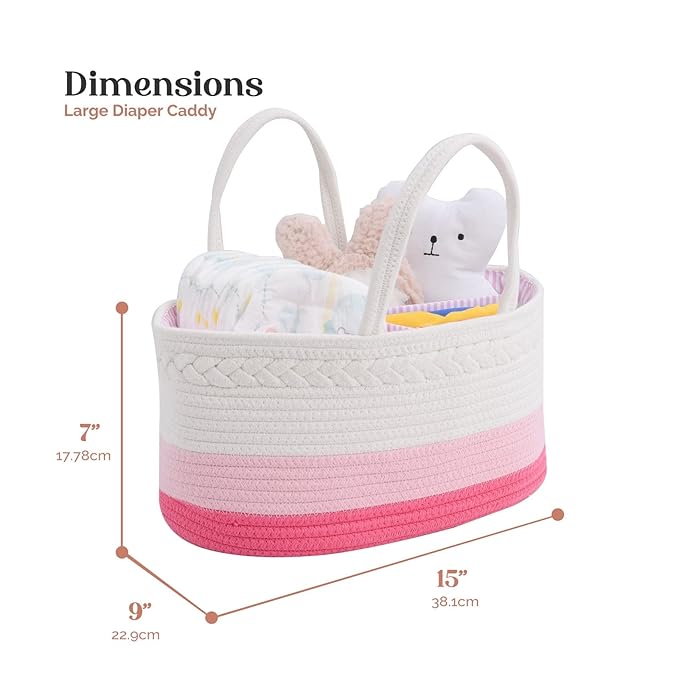 luxury little Diaper Caddy Organizer, Large Cotton Rope Nursery Baby Basket, Changing Table Organizer for Baby Diaper Storage, Portable Car Organizer Removable Divider (Pink, Large)