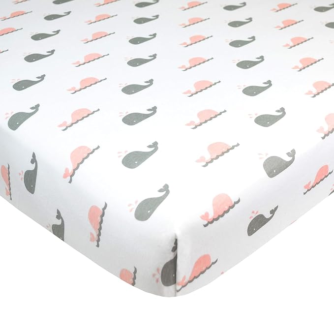American Baby Company 2 Pack 100% Natural Cotton Fitted Mini Crib Sheets 38" x 24" - Soft & Breathable Small Nesting Portable Sheets, Fits Pack N Play Mattresses, Pink Whale/Zigzag, for Boys & Girls