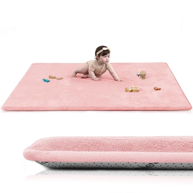 Baby Play Mat for Floor,Extra Large 59"×71" Playpen Mat for Tummy Time,Thicker Padded Elasti Foam Activity Mats for Toddler,Infant,Kids,Water Repellent Ultra Soft Velvet,Non-Slip Backing Safe for Crawling,Nursery & Playroom（Pink）