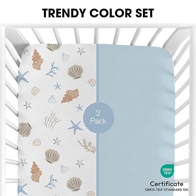 Little Grape Land Crib Sheets 2 Pack, Microfiber Fitted Crib Sheet for Standard Crib Mattress 52"x28"x8", Soft and Neutral Baby Crib Sheets for Boys and Girls, Breathable & Easy Care, Seashell Haven