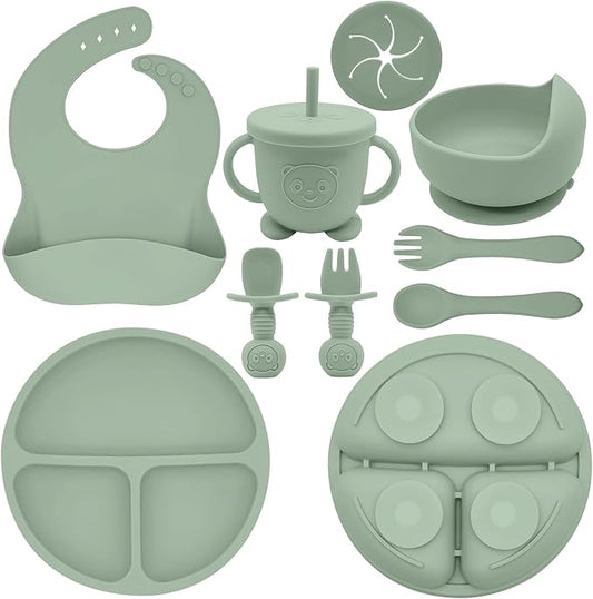 Munlinder Silicone Baby Feeding Set | Baby Led Weaning Supplies Includes Suction Bowls and Divided Plates, Adjustable Bib, Baby Utensils Spoons and Forks,Cup | Baby Feeding Essentials (Light Green)