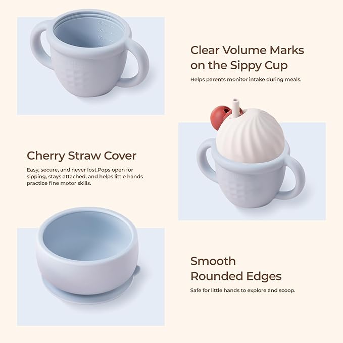COZY ROCK Silicone Baby Feeding Set, Gelato Collection Baby Led Weaning Supplies, First Self-Feeding Set with Silicone Suction Bowl & Plate, Straw Cup & Bib, Fork & Spoon
