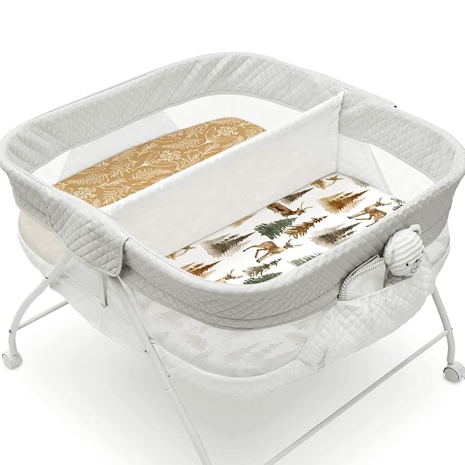 GRSSDER Stretchy Ultra Soft Fitted Bassinet Sheet Set 2 Pack, Universal Fit for Bassinets Baby Cradle Moses Basket Oval Rectangle Mattress, Stylish Jungle Deer Bassinet Sheets for Girls and Boys