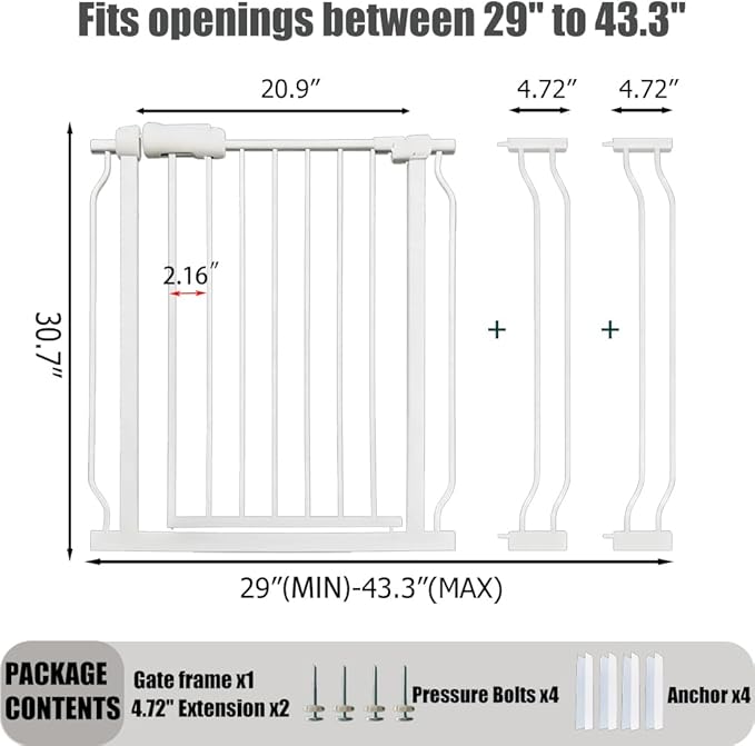 Walk Through Expandable Baby & Dog Gate 38.5-43.3 Inch for Kids & Pets, Tension Mounted Indoor Safety Gate for Large Openings - White Metal, 30 inches Tall