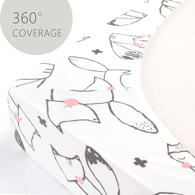 GRSSDER Stretchy Ultra Soft Jersey Knit Fitted Crib Sheets Set 2 Pack, Cozy Crib Sheet Girl Fits All Standard Crib Mattress Pads, Cute Foxes and Rabbits Print