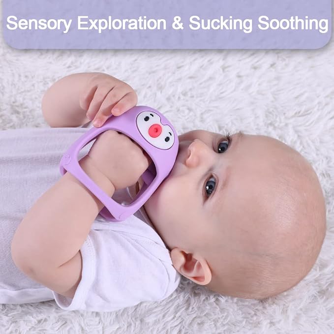 Smily Mia Smily Mia Penguin Teethers, Silicone TeethingToys for Babies 0-6Months, Baby Teethers for 3-6Months, Hand Teether for Infants, Pacifiers for New Born,Light Purple