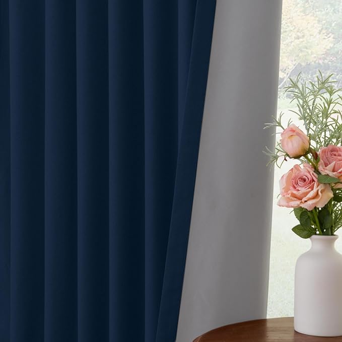 INOVADAY 100% Blackout Curtains for Bedroom, Black Out Curtains 84 Inch Long, Clip Rings Linen Blackout Drapes, Thermal Insulated Room Darkening for Living Room, 1 Panel - Midnight Blue,W102xL84