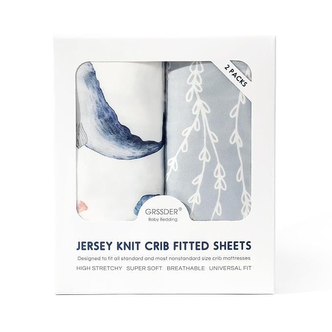 GRSSDER Stretch Ultra Soft Jersey Knit Fitted Crib Sheets Set 2 Pack, Universal Fit All Standard Crib Mattress Pads Safe and Snug, Crib Fitted Sheet with Deep Pocket, Original Design for Baby Boy