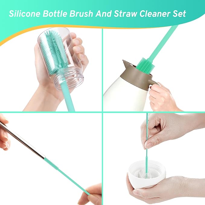 WQSS AOEIU Silicone Bottle Brush with 2 Straw Cleaner Brushes,Bottle Brush Set for Cleaning Bottles,Jars,Tumblers,Thermoses,Baby Bottle,Water Bottle,Dish,Easy to Use and Dry,Heat Resistant Sturdy