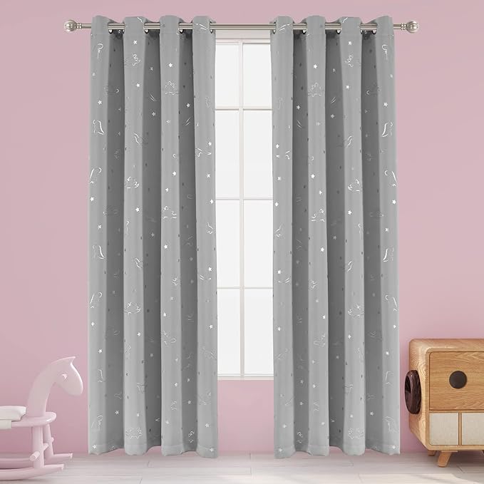 LORDTEX Dinosaur and Star Foil Print Blackout Curtains for Kids Room - Thermal Insulated Curtains Noise Reducing Window Drapes for Boys and Girls Bedroom, 52 x 84 Inch, Light Grey, Set of 2 Panels