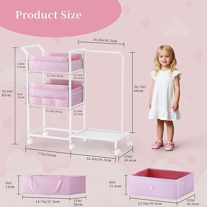 Baby Diaper Caddy Organizer - 3 Tier Rolling Cart with Kids Clothing Rack, Mobile Utility Cart with Dividers and Drawers, Large Capacity Storage Cart for Bedroom, Bathroom, Carts with Wheels