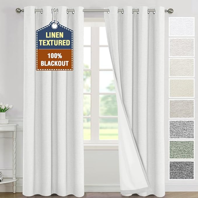 H.VERSAILTEX 100% Blackout Curtains for Bedroom Thermal Insulated Linen Textured Curtains Full Light Blocking Drapes Living Room Curtains 2 Panel Sets, 52x108 Inch, Heather White(Not Solid)