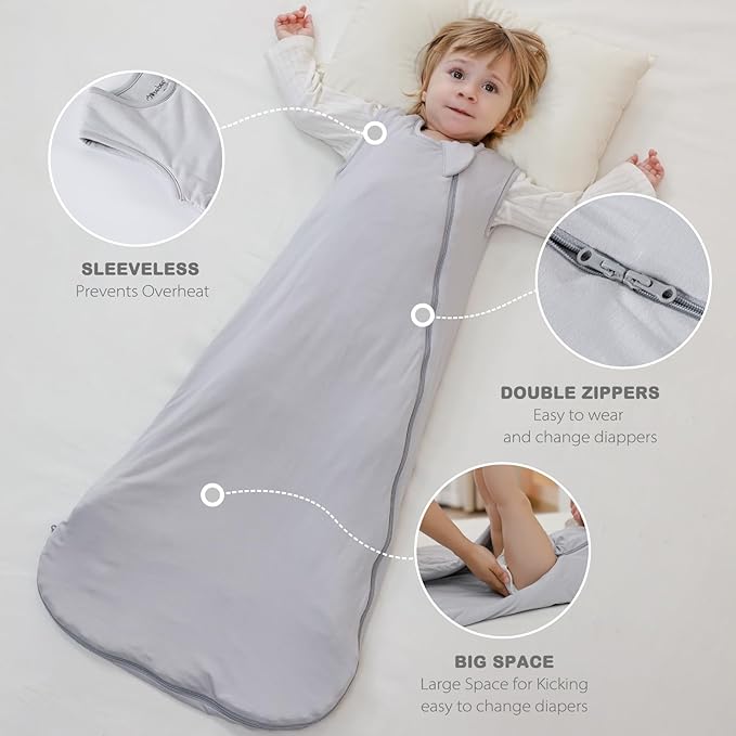 Mosebears Unisex Baby Sleep Sack 1.0 TOG, Supersoft Rayon Made from Bamboo Wearable Blanket with 2-Way Zipper (Light Grey,18-36 Months)