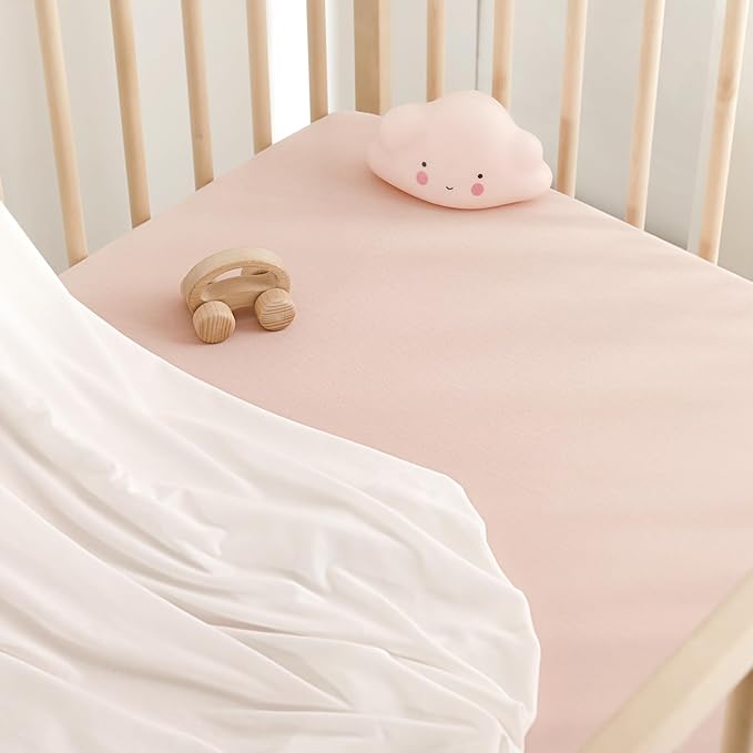 GRSSDER Jersey Crib Sheets for Girls, Stretchy Ultra Soft Crib Fitted Sheets Set 2 Pack, Universal Fit All Standard Crib Mattress Pads Safe and Snug, White/Pink