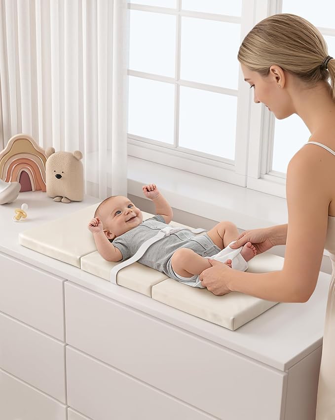 YACODAVO Foldable Baby Changing Pad with Vegan Leather Cover, Standard Side Waterproof & Wipeable Changing Pad for Toddler, Flat Foam Travel Diaper Changing Pad for Dresser and Table, White