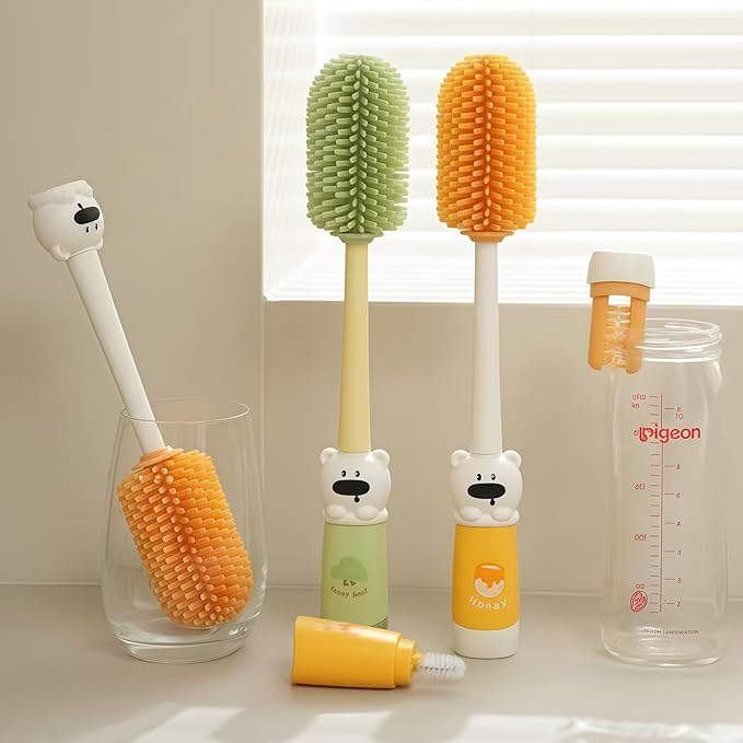 Pevxuoleo 4-in-1 Silicone Water Bottle Cleaning Brush Kit, Long Handle Straw Brush for Reusable Bottles, Mugs, Travel Cups, Wine Glasses,Multi-Purpose Cleaning Tools Set(Orange)