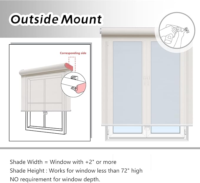 AOSKY Cordless Roller Shades for Windows Light Filtering Shades with 5% Openness Solar Screen Semi Sheer Roller Blinds UV Protection for Office and Home. Easy to Install 45" W x 72" H (White)