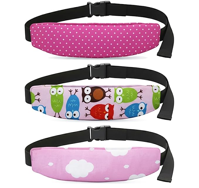 3 Pcs Baby Carseat Head Support, Car Seat Straps Pillow Support Ban, Stroller Neck Relief Strap Headrest, Slumber Sling Sleep Positioner for Toddler Infants Child Children Kids (Stars, Owls, Clouds)