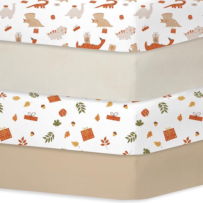Bimocosy Crib Sheets 4 Pack, Baby Crib Sheets Fitted for Boys and Girls Breathable & Snug Fit, Soft Toddler Bed Sheets for Standard Crib Mattress Nursery Daycare Essentials, Autumn Dinos