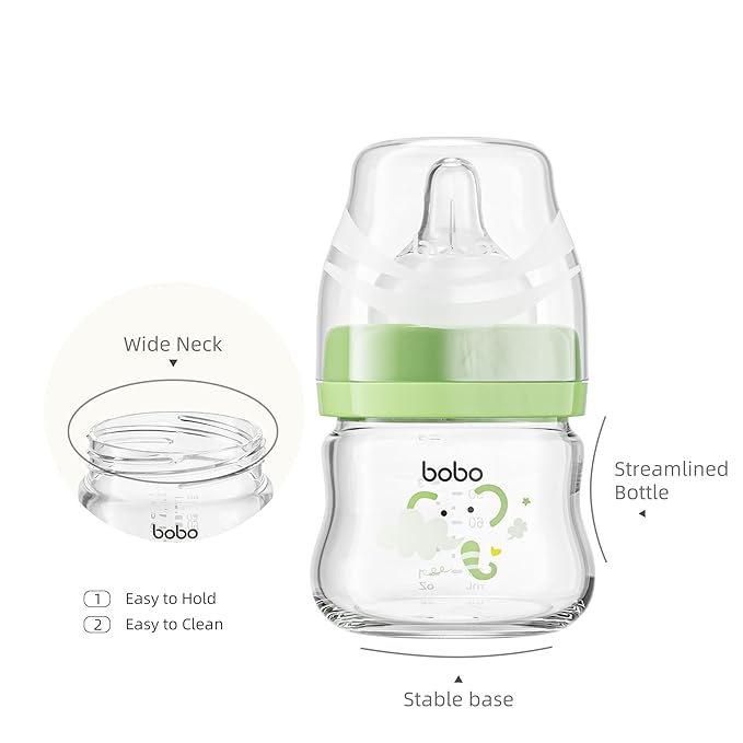 YOHKOH Glass Baby Bottles with Slow Flow Nipple, Newborn Anti-Colic Baby Bottles for 0+ Months, Wide Neck Feeding Bottle, Clear (Green, 2.7oz (Pack of 4))