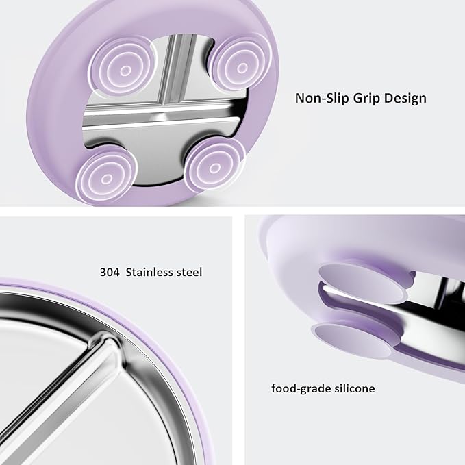 Bakpoco Stainless Steel Baby Plate with Suction, 9” Divided Toddler Plates with Removable Silicone Sleeves for Kids, Non-Toxic Non-Slip Unbreakable Dishwasher Safe Dinnerware Set of 2, Pink & Lilac