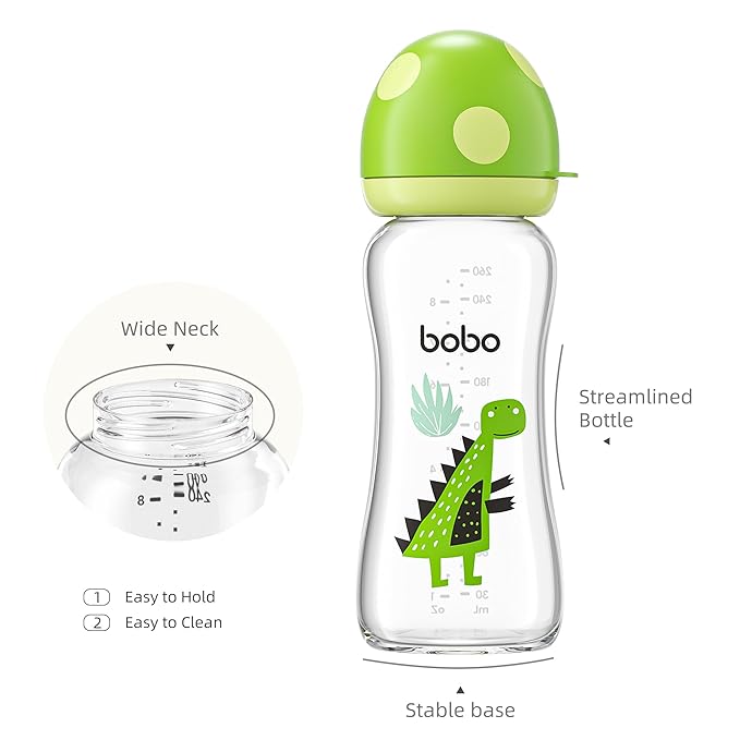 YOHKOH Natural Glass Baby Bottle with Level 2 Medium Flow Nipple, Newborn Anti-Colic Baby Bottles, Wide Neck Mushroom Baby Glass Bottle (8.8ounce (Pack of 4), Green2)