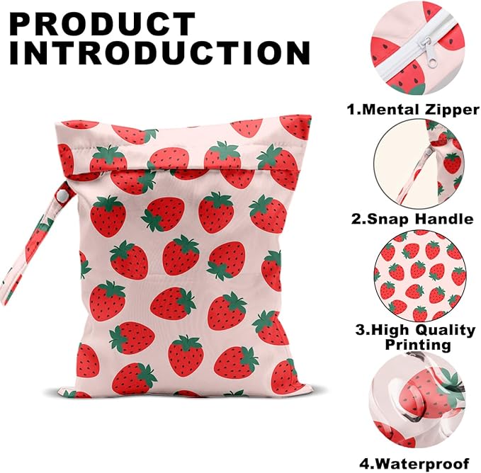 Summer Fruits Wet Bags 12x10 Inch, Strawberry Waterproof Travel Laundry Bags, Reusable Wet Dry Bag for Swimsuit Beach Diapers Dirty Yoga Gym Clothes, Travel Gifts for Women Friend