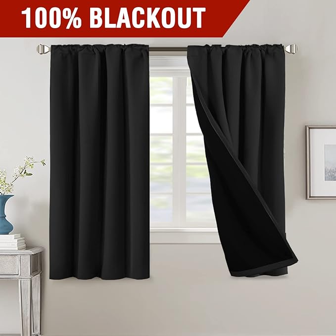 H.VERSAILTEX 100% Blackout Curtains for Bedroom with Black Liner Full Room Darkening Curtains Thermal Insulated Back Tab/Rod Pocket Window Drapes for Living Room, 2 Panels, 42 x 63 Inch, Jet Black