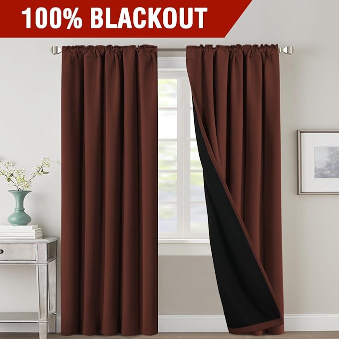 H.VERSAILTEX 100% Blackout Curtains for Bedroom with Black Liner Full Room Darkening Curtain 96 Inch Long Thermal Insulated Back Tab/Rod Pocket Window Drapes for Living Room, 2 Panels, Rust