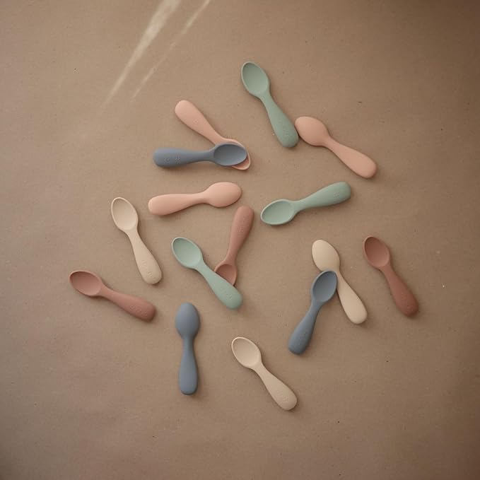 mushie Silicone Toddler Starter Spoons | 2 Pack (Blush/Shifting Sand)