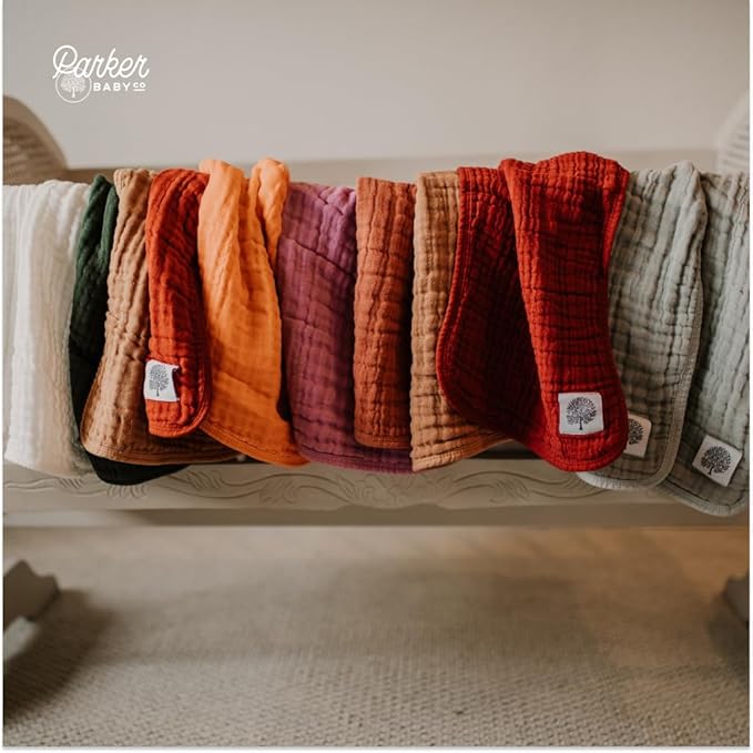 Parker Baby Muslin Burp Cloths | 100% Cotton Burping Clothes, Newborn Essential | Must-Have Baby Registry, Modern and Trendy Colors | 20"x11" Large Baby Burp Cloths, 4-Pack Rose