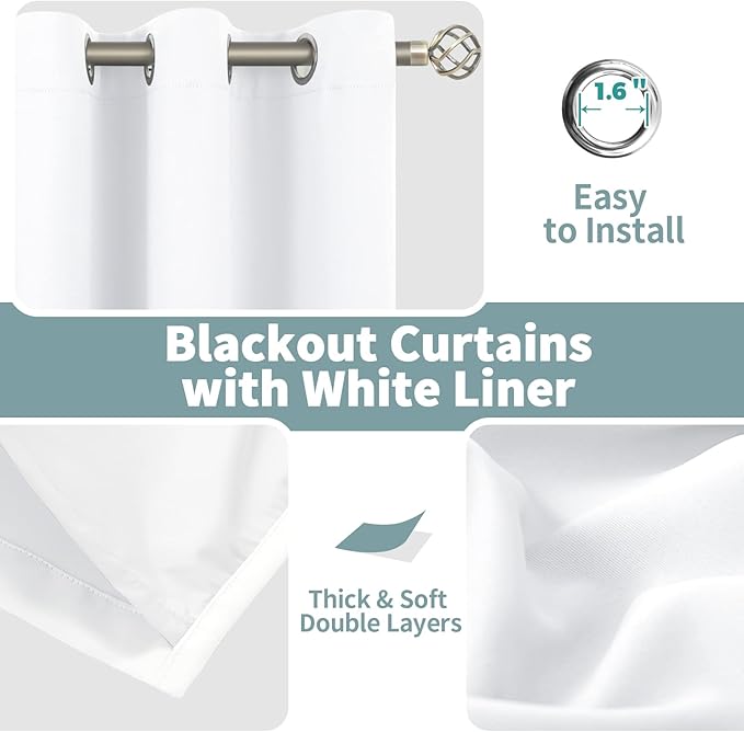 BGment White Blackout Curtains for Bedroom 45 Inch Length 2 Panels Set, Thermal Insulated Bedroom Curtains Soundproof Room Darkening Window Curtain Drapes, Each Grommet Curtains 52 Inch Wide