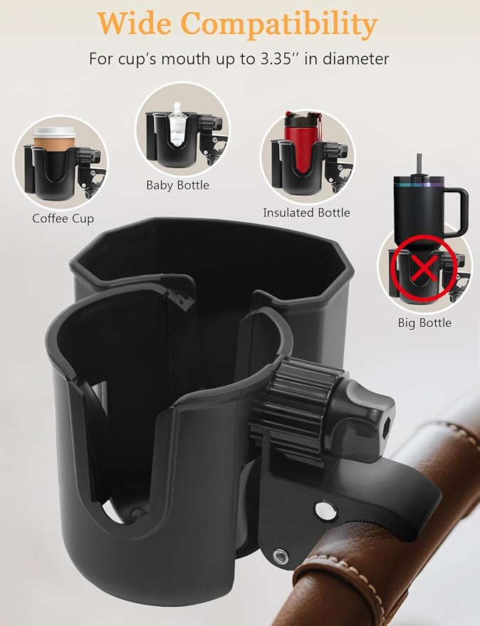 Universal Stroller Cup Holder with Phone Holder, 360° Rotatable Strong Clip, Big Storage Space for Walker, Wheelchair, Stroller, Bike