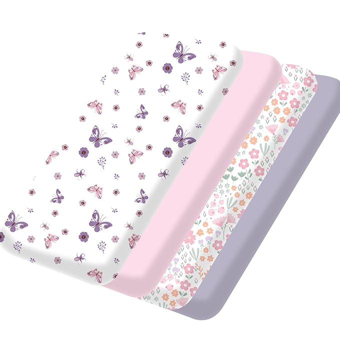 Little Grape Land Mini Crib Sheets 4 Pack, Pack n Play Sheets Fitted 38 x 26 for Boys and Girls, Pack and Play Sheets Compatible with Graco Pack n Play Playard, Sea Breeze