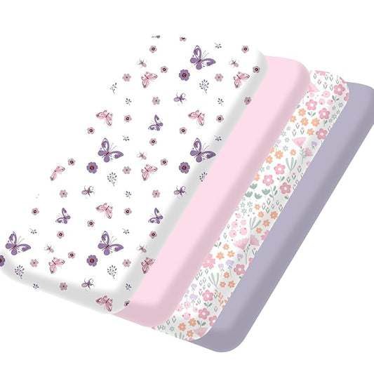 Little Grape Land Mini Crib Sheets 4 Pack, Pack n Play Sheets Fitted 38 x 26 for Boys and Girls, Pack and Play Sheets Compatible with Graco Pack n Play Playard, Sea Breeze