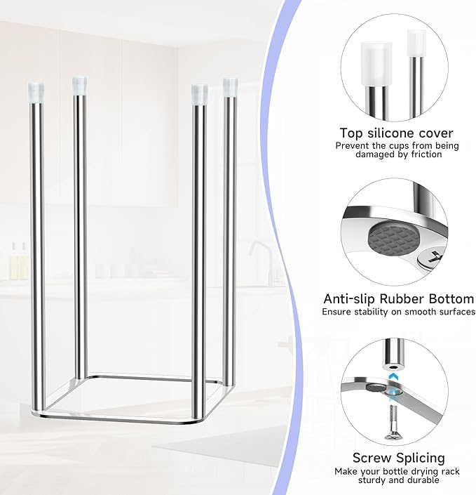 XILIMEN Water Bottle Drying Rack Reusable Bottle Rack Dryer Kitchen Stand Holder Metal Countertop Baby Bottle Drying Rack Water Cup Drying Rack for Plastic Bags, Bottles and Cups (Sliver, Small)