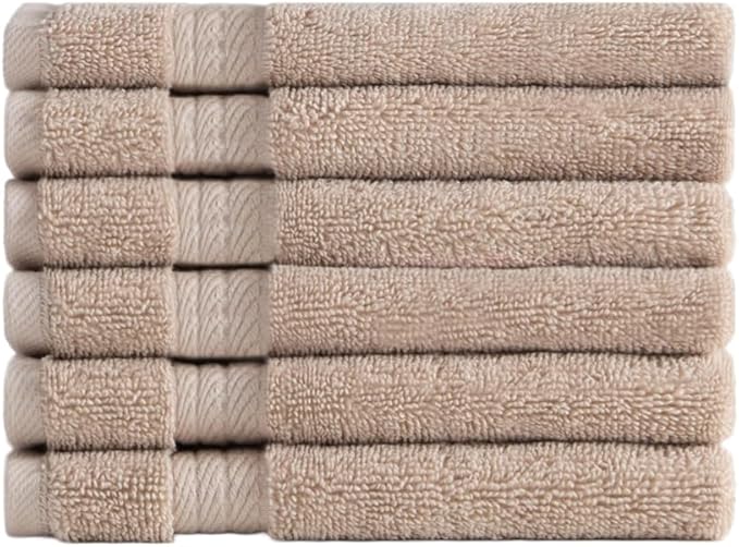 Ozdilek 6-Piece Washcloth Set 13x13 100% Turkish Cotton, 600 GSM, Soft, Gentle on Sensitive Skin, Multi-Purpose Use, Washable, Reusable, Ideal for Baby Care & Spa 6 Towels (Seahorse Beige)