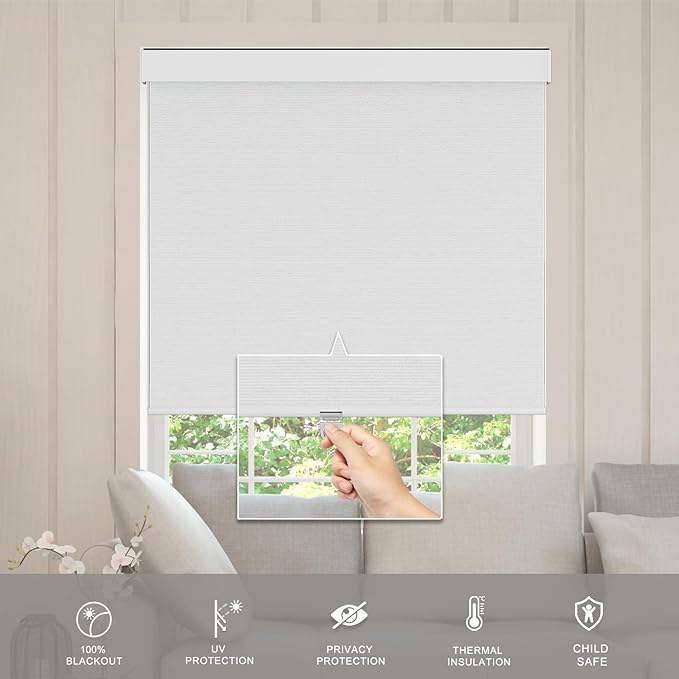 Blackout Roller Shades Blinds for Windows, Free-Stop Cordless Roller Shades with Valance, Thermal Insulated Fabric Window Blinds UV Protection for Home, Bedroom, White, 69.5" W x 72" H