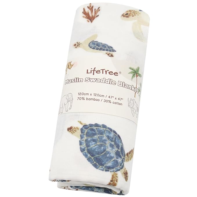 LifeTree Baby Swaddle Blanket, 70% Viscose from Bamboo and 30% Cotton Muslin Swaddles Blankets Boys Girls, Sea Turtle Swaddling Blanket for Newborn, Super Soft Large 47" x 47"